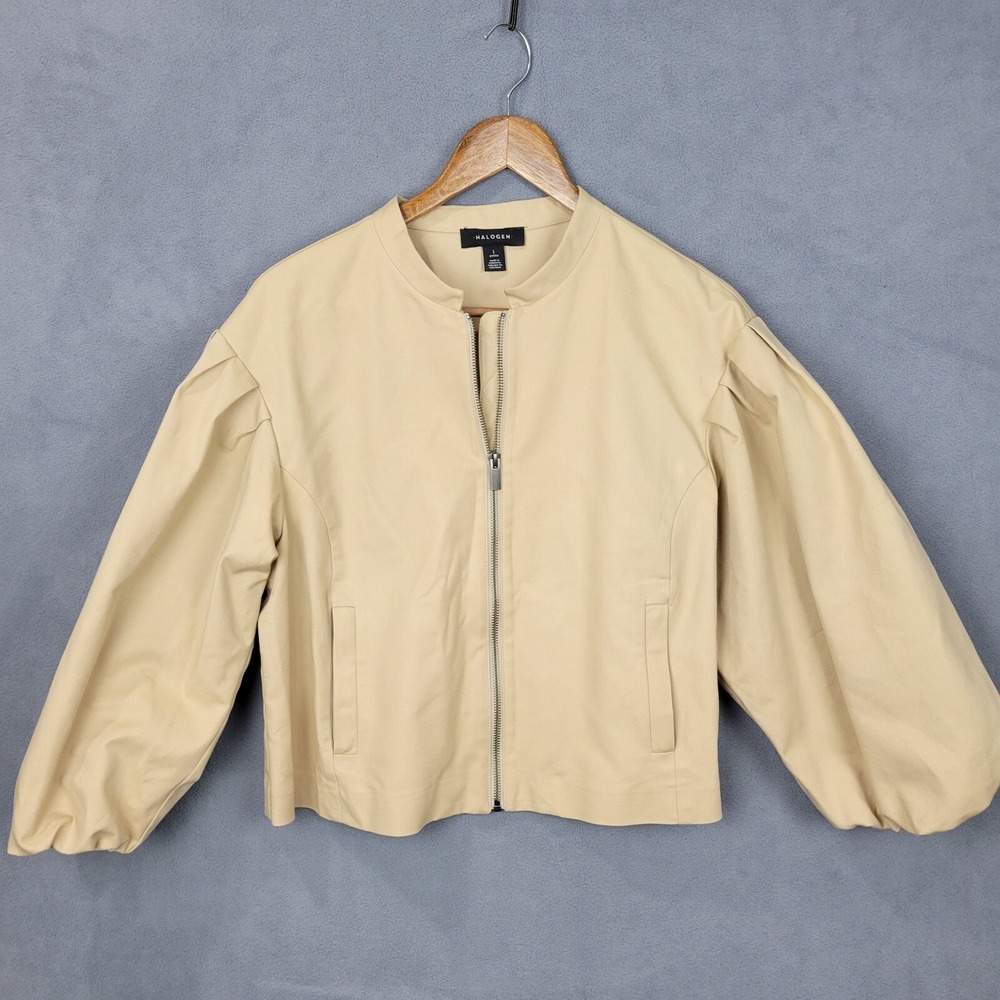 Halogen Cropped Jacket Womens 1 Petite Beige Cotton Pleated Puff Sleeve Full Zip